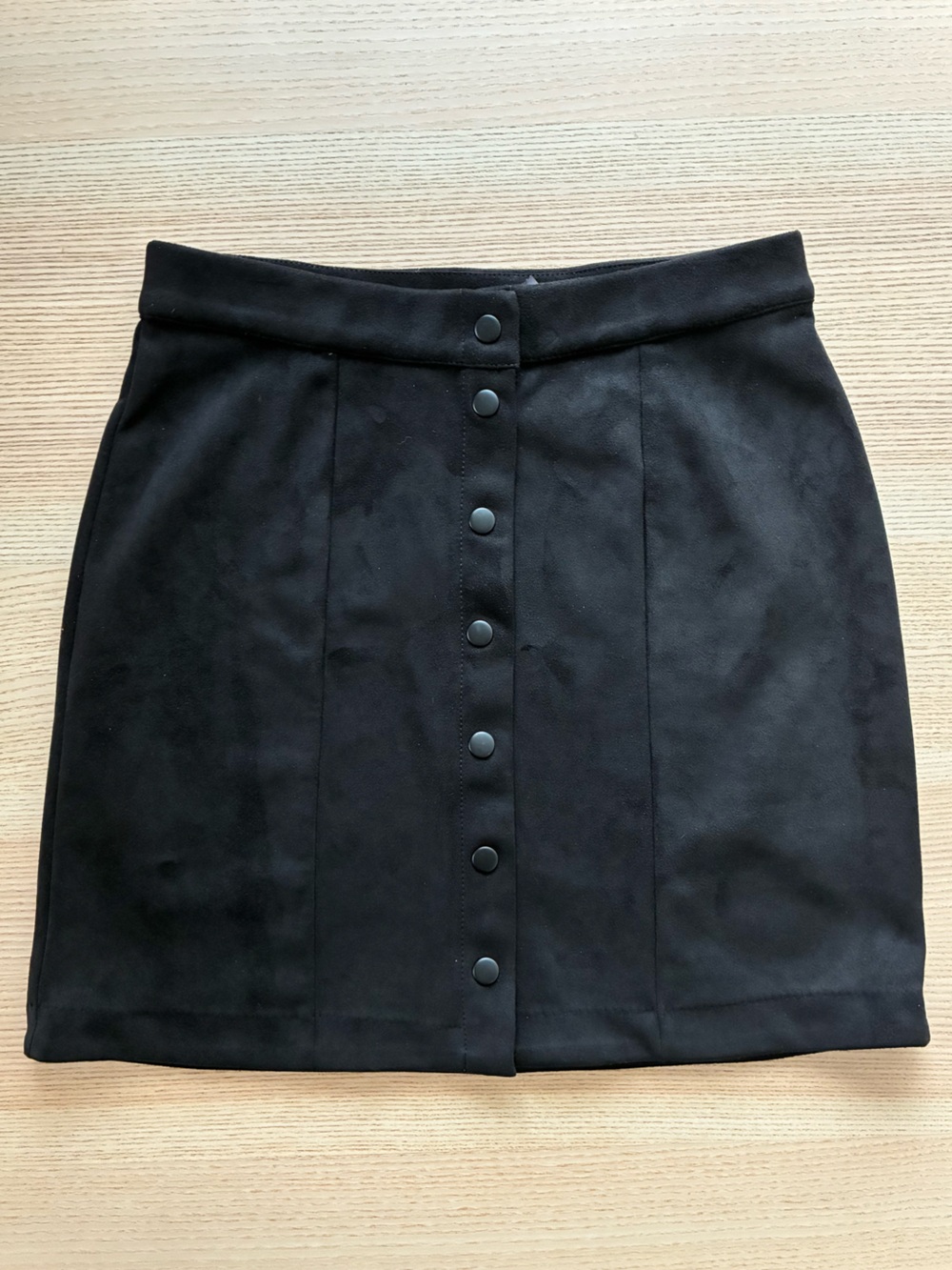 Tahari Black Faux Suede Snap Button Mini Skirt